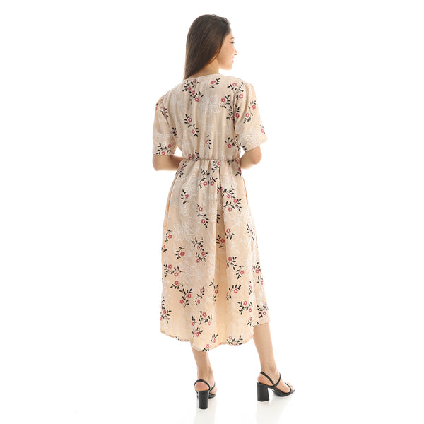 Floral Buttoned Beige Dress with Deep Round Neck