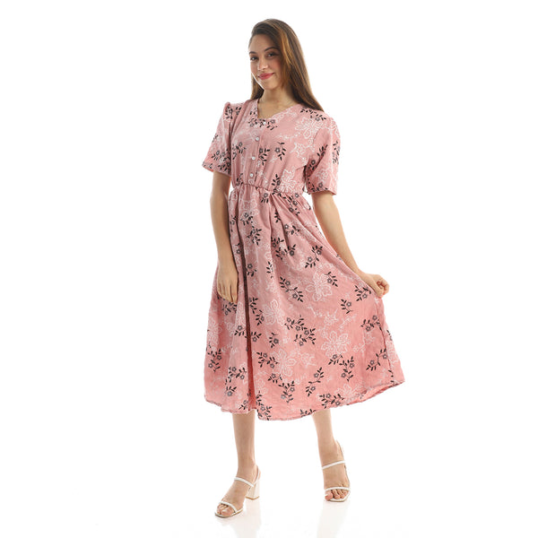 Elastic Waist Floral Summer Dress - Cashmere