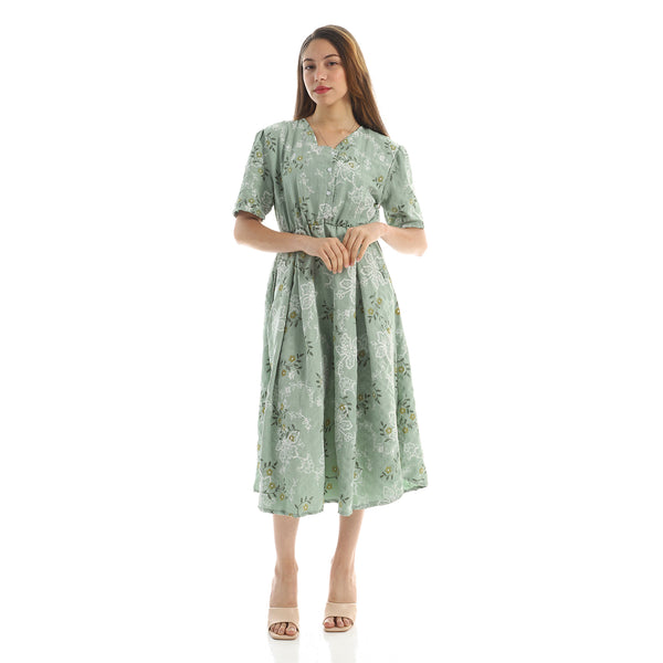 Elastic Waist Floral Summer Dress - mint green