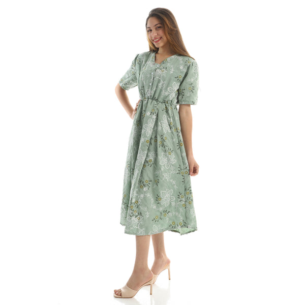 Elastic Waist Floral Summer Dress - mint green