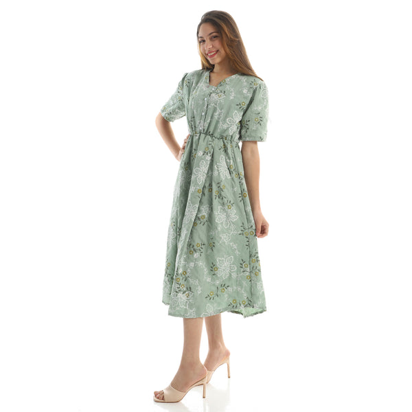 فستان صيفي مورد بخصر مطاطي - أخضر نعناعي