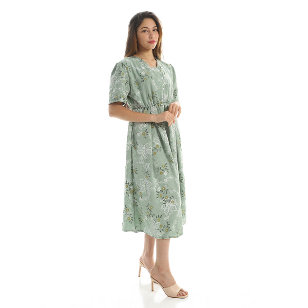 Elastic Waist Floral Summer Dress - mint green