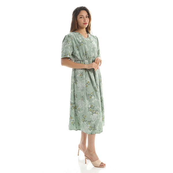 فستان صيفي مورد بخصر مطاطي - أخضر نعناعي