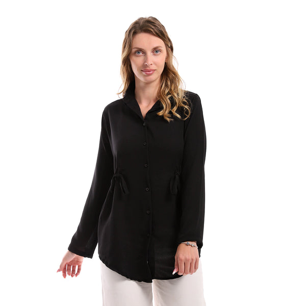 Full Buttoned Polyester Shirt With Waist Drawstring - Black