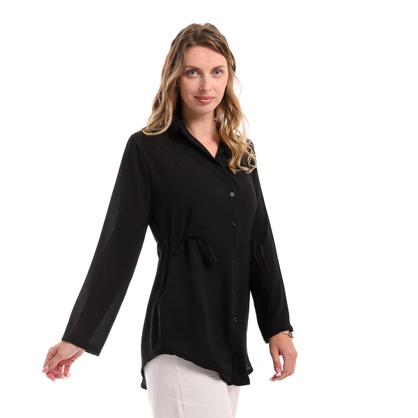 Full Buttoned Polyester Shirt With Waist Drawstring - Black