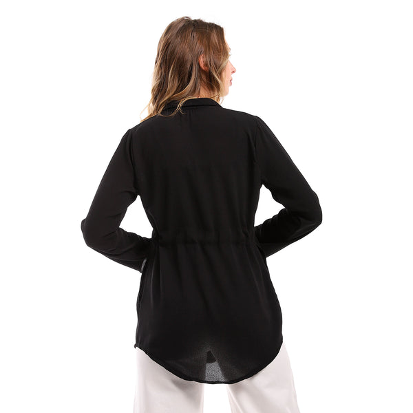 Full Buttoned Polyester Shirt With Waist Drawstring - Black