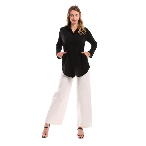 Full Buttoned Polyester Shirt With Waist Drawstring - Black