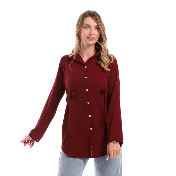 Full Buttoned Polyester Shirt With Waist Drawstring -Dark Red