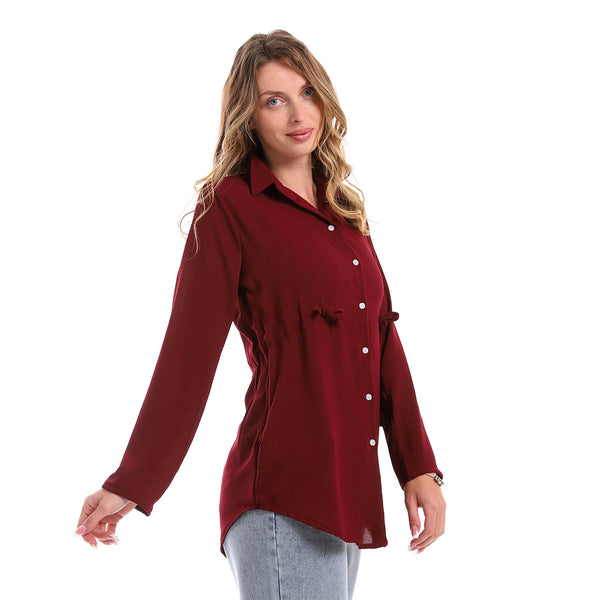 Full Buttoned Polyester Shirt With Waist Drawstring -Dark Red
