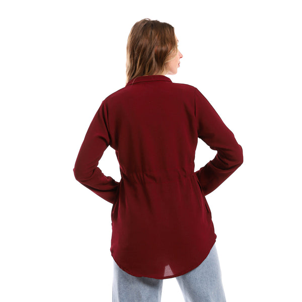 Full Buttoned Polyester Shirt With Waist Drawstring -Dark Red