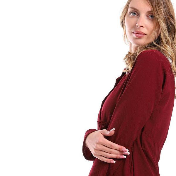 Full Buttoned Polyester Shirt With Waist Drawstring -Dark Red