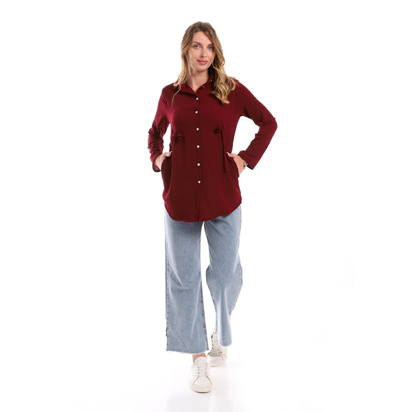 Full Buttoned Polyester Shirt With Waist Drawstring -Dark Red