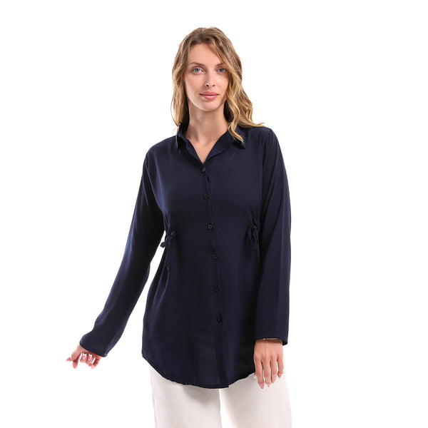 Polyester Navy Blue Waist Drawstring Shirt - Navy Blue