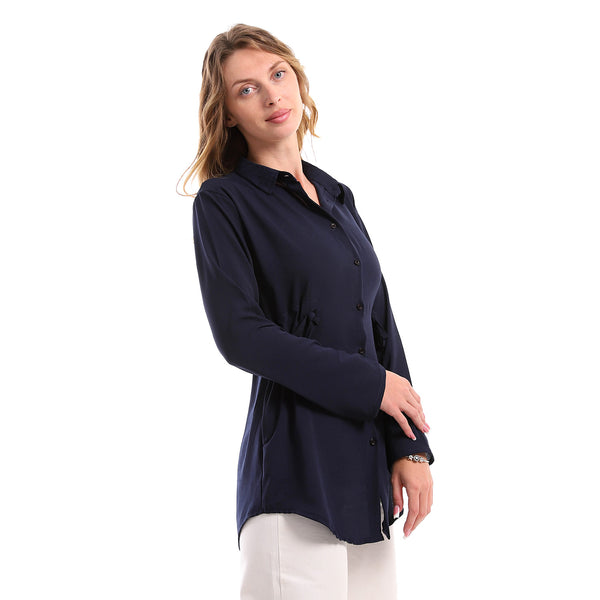 Polyester Navy Blue Waist Drawstring Shirt - Navy Blue