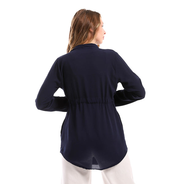 Polyester Navy Blue Waist Drawstring Shirt - Navy Blue