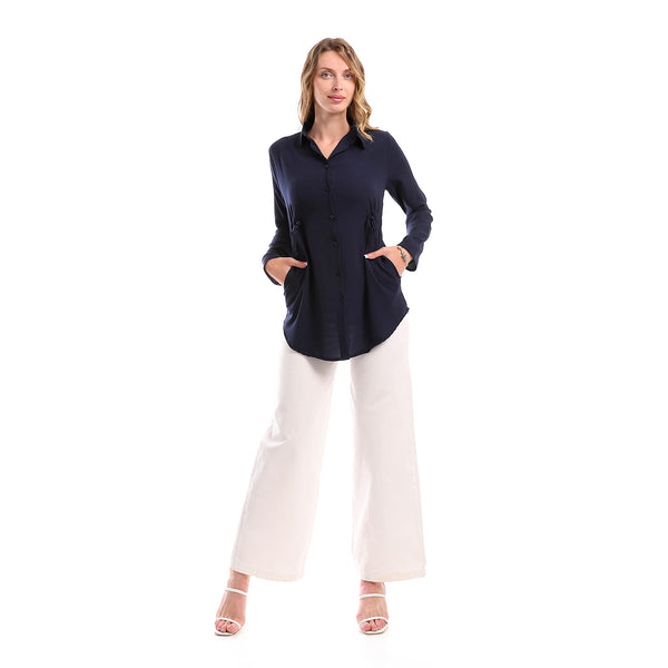 Polyester Navy Blue Waist Drawstring Shirt - Navy Blue