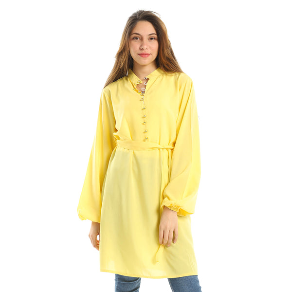 Yellow Solid Long Sleeve Mandarin Collar Tunic