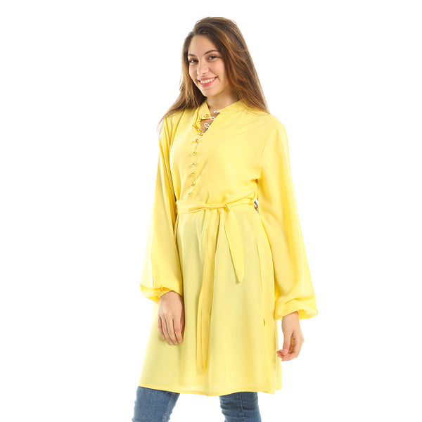 Yellow Solid Long Sleeve Mandarin Collar Tunic