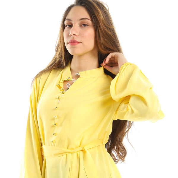Yellow Solid Long Sleeve Mandarin Collar Tunic
