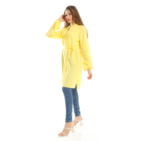 Yellow Solid Long Sleeve Mandarin Collar Tunic