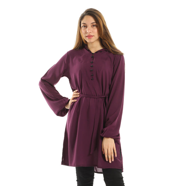 Long Sleeve Plain Mandarin Collar Tunic - Dark Purple