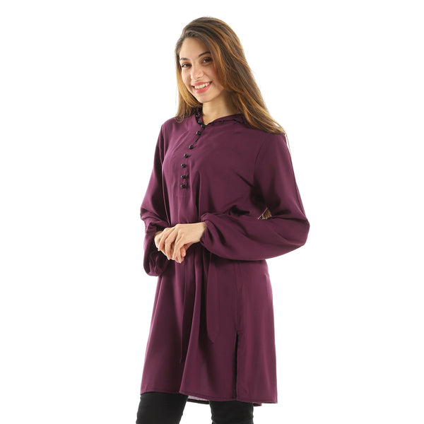 Long Sleeve Plain Mandarin Collar Tunic - Dark Purple