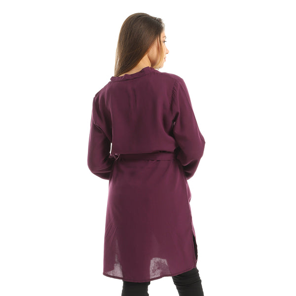 Long Sleeve Plain Mandarin Collar Tunic - Dark Purple