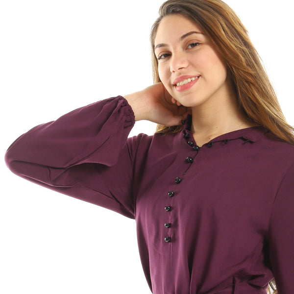Long Sleeve Plain Mandarin Collar Tunic - Dark Purple