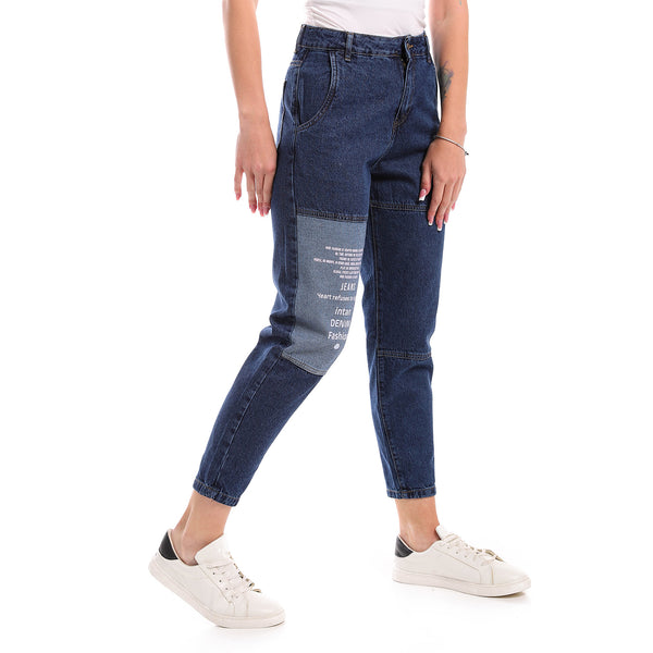 Standard Dark Blue Front Printed Casual Mom Fit Jeans