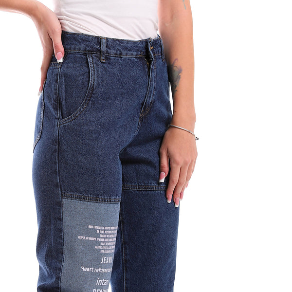 Standard Dark Blue Front Printed Casual Mom Fit Jeans