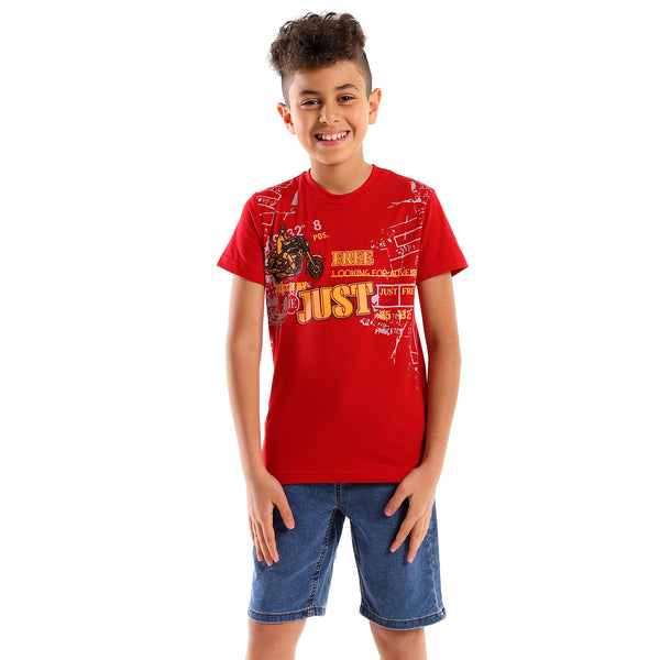 Printed Half Sleeves Cotton Boys Tee - Red