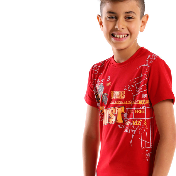 Printed Half Sleeves Cotton Boys Tee - Red