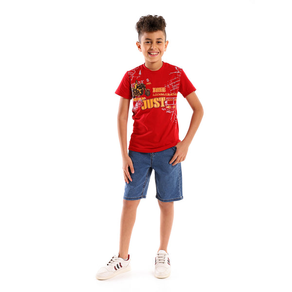 Printed Half Sleeves Cotton Boys Tee - Red