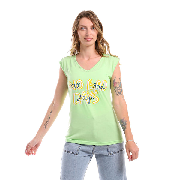 Printed Deep V-Neck Cotton T-Shirt - Mint