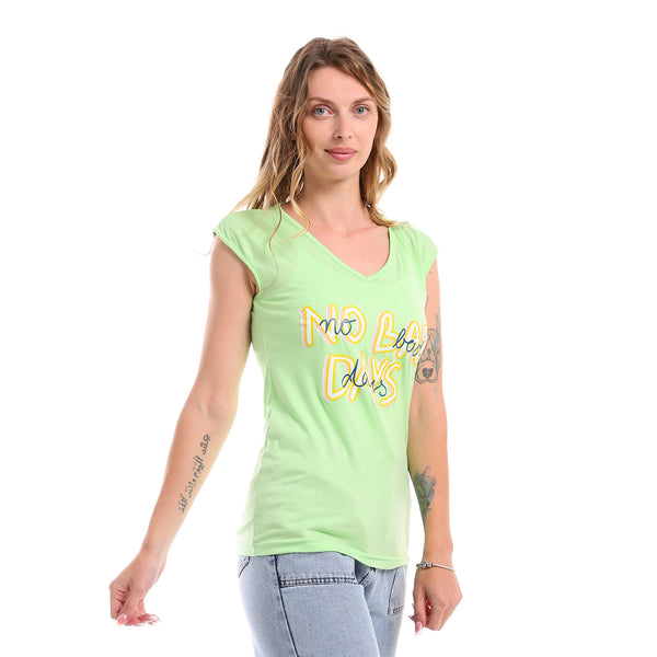 Printed Deep V-Neck Cotton T-Shirt - Mint