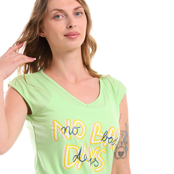 Printed Deep V-Neck Cotton T-Shirt - Mint