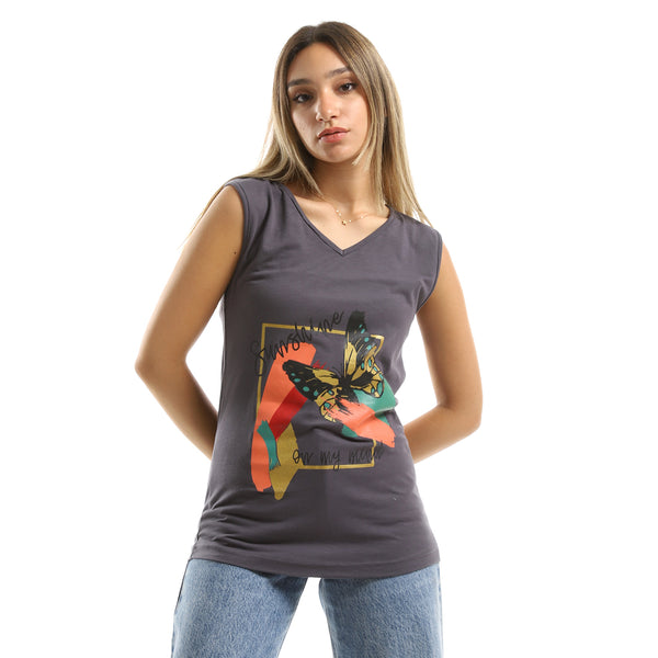 V-Neck Printed Sleeveless Dark Grey Tee