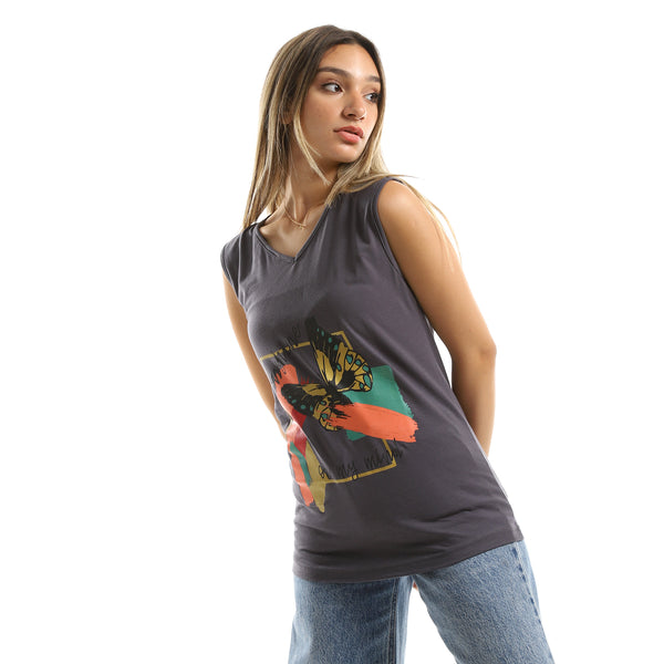 V-Neck Printed Sleeveless Dark Grey Tee