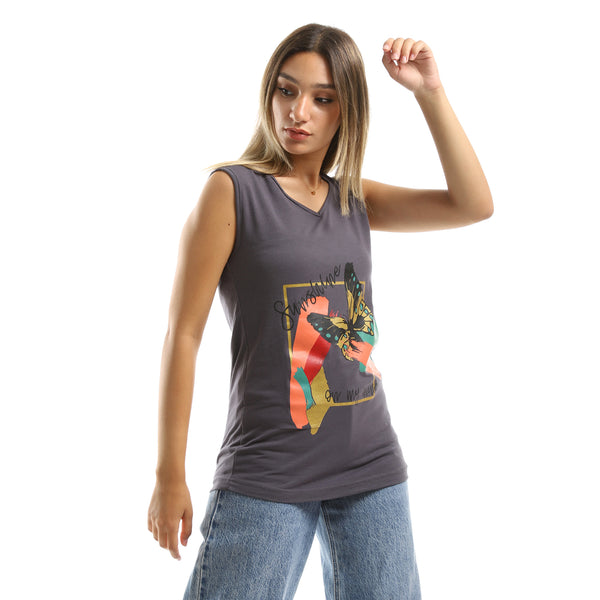V-Neck Printed Sleeveless Dark Grey Tee