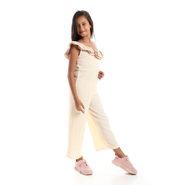 Front Chest Zipper Ruffles Chest Jumpsuit - Beige