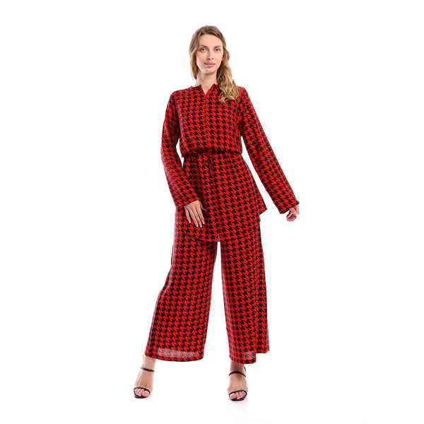 Patterned Viscose Regular Fit Pants - Red & Black