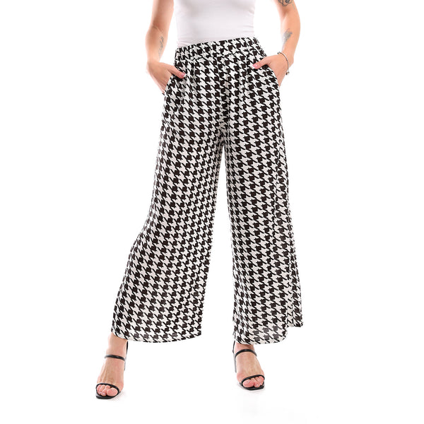 Elastic Waist Viscose Houndstooth Pants - White & Black