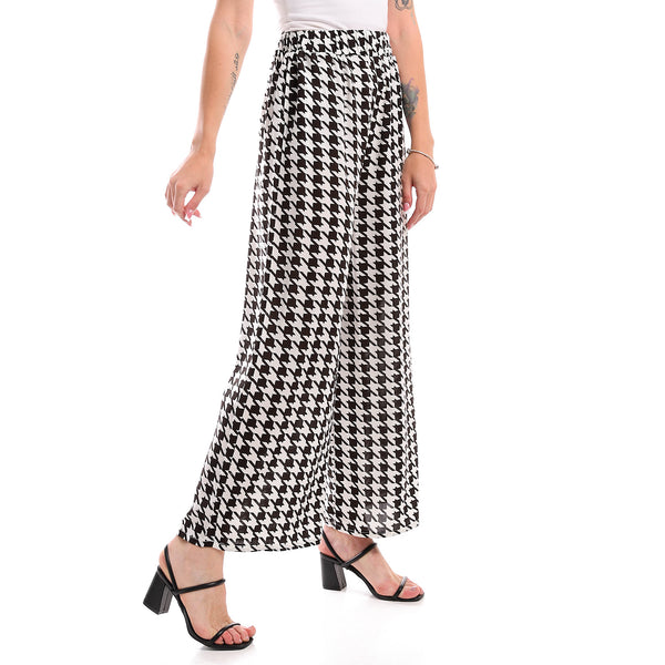 Elastic Waist Viscose Houndstooth Pants - White & Black