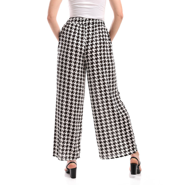 Elastic Waist Viscose Houndstooth Pants - White & Black