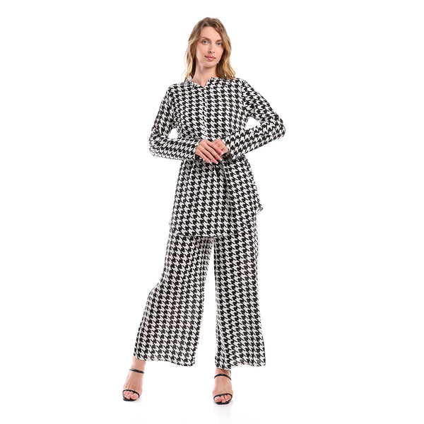 Elastic Waist Viscose Houndstooth Pants - White & Black