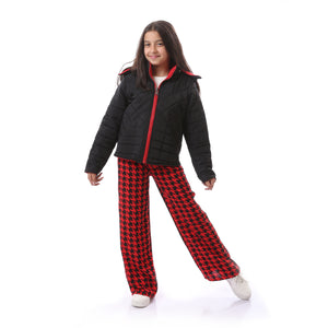 Girls Patterned Cotton Printed Pants With Side Pockets - Red & Black