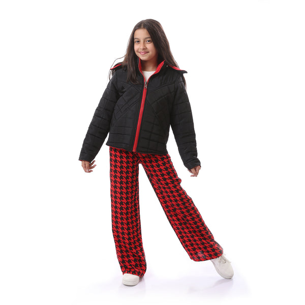 Girls Patterned Cotton Printed Pants With Side Pockets - Red & Black