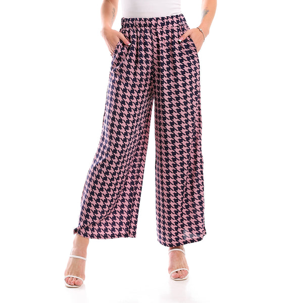 Viscose Patterned Pants With Elastic Waist - Cashmere & Navy Blue