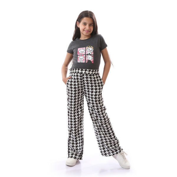 Casual Houndstooth Patterned Girls Pants - Black & White