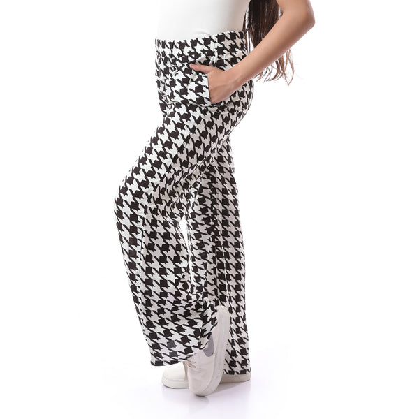 Casual Houndstooth Patterned Girls Pants - Black & White
